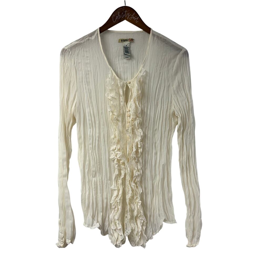 Stamp 10 Gauzy Crinkle Ruffle Trim Long Sleeve Button Front Top Blouse